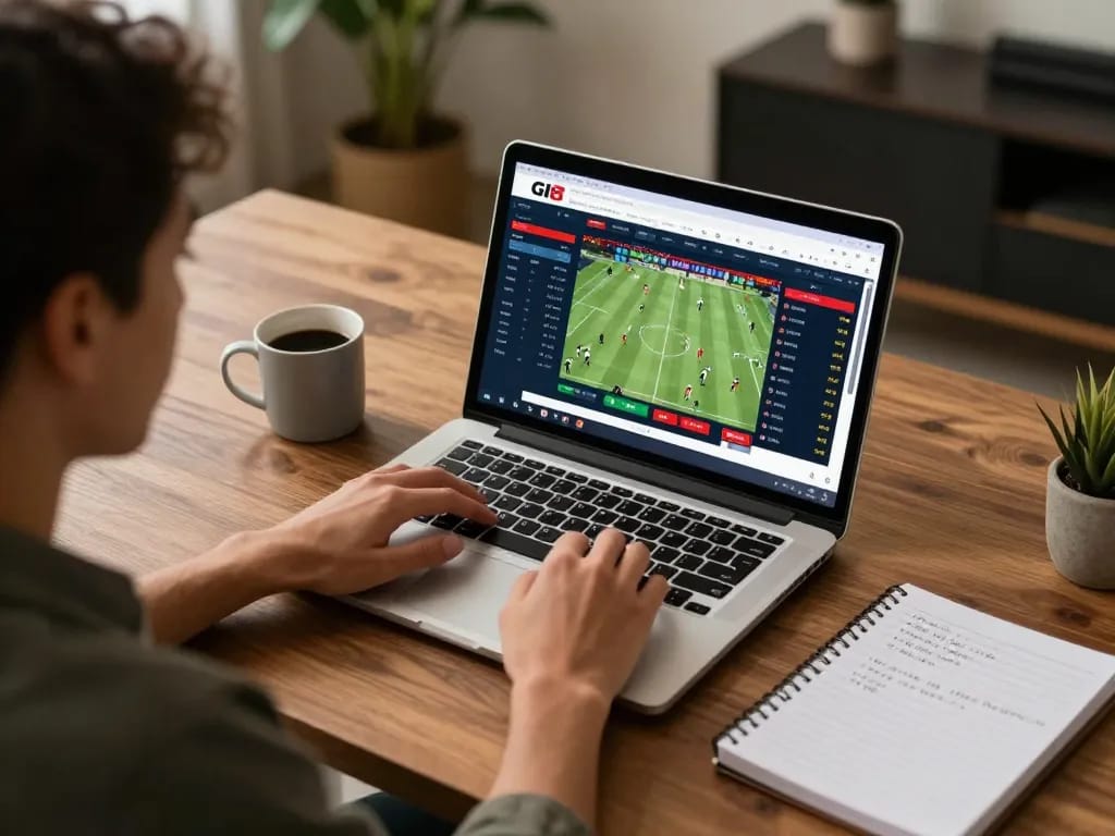 Individual using GI8 platform for sports betting at home desk, displaying strategic gameplay.