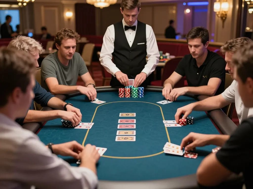 Players engaging in an intense hand of poker at open88 casino, showcasing strategic gameplay and vibrant atmosphere.