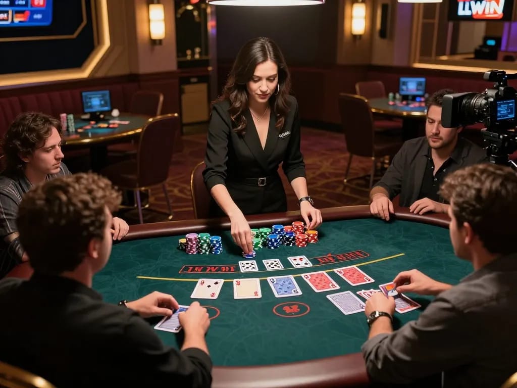 LLWIN players engaged in a thrilling live dealer blackjack game with vibrant chips and professional dealer.