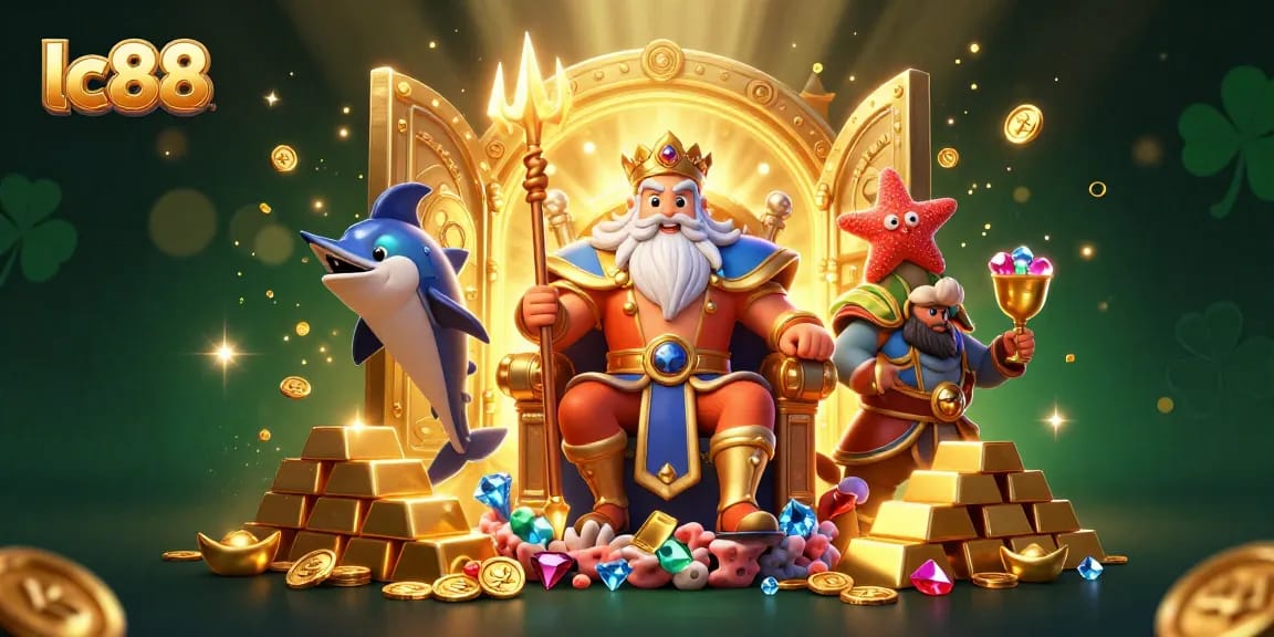 Experience the thrill of lc88 casino with Neptune and treasures in a dazzling 3D illustration.