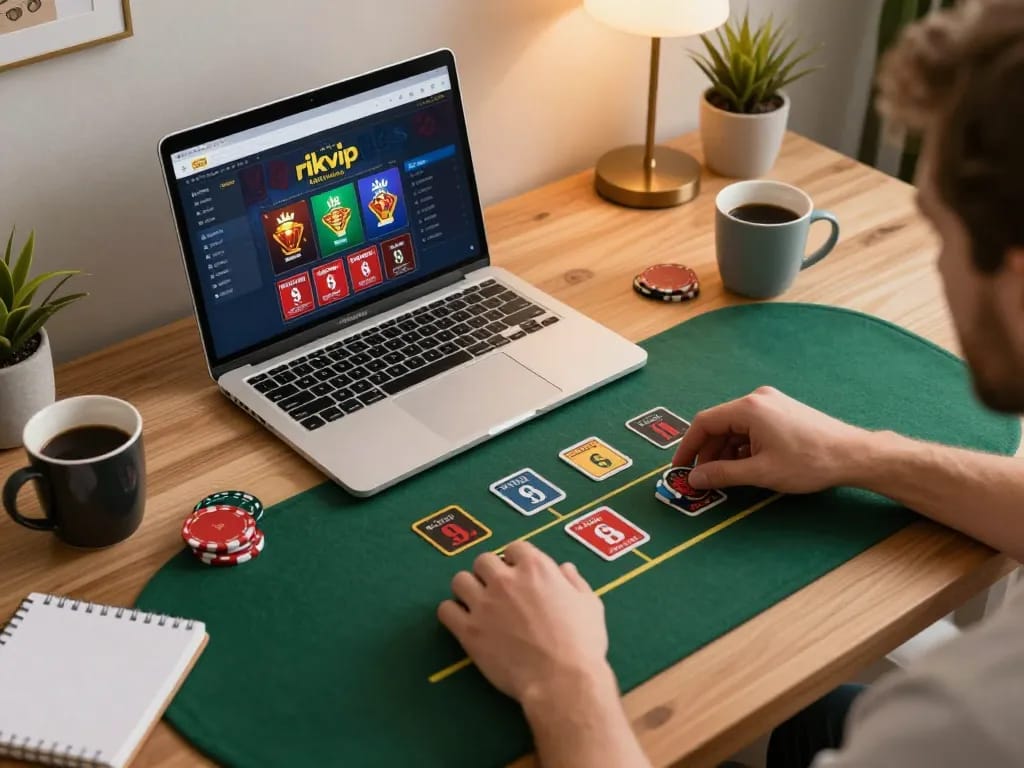 Engaging in poker action at rikvip online casino setup with laptop interface and strategic notes.