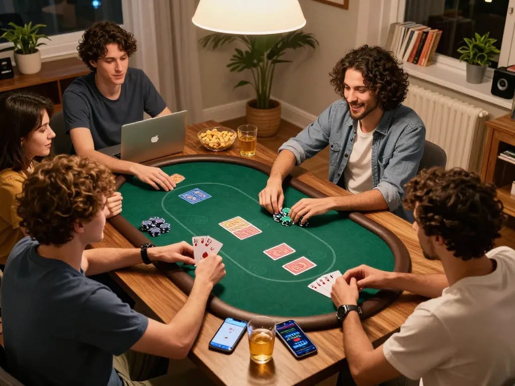 Friends enjoying an online poker game with cm88 platform, featuring cards and chips on the table.