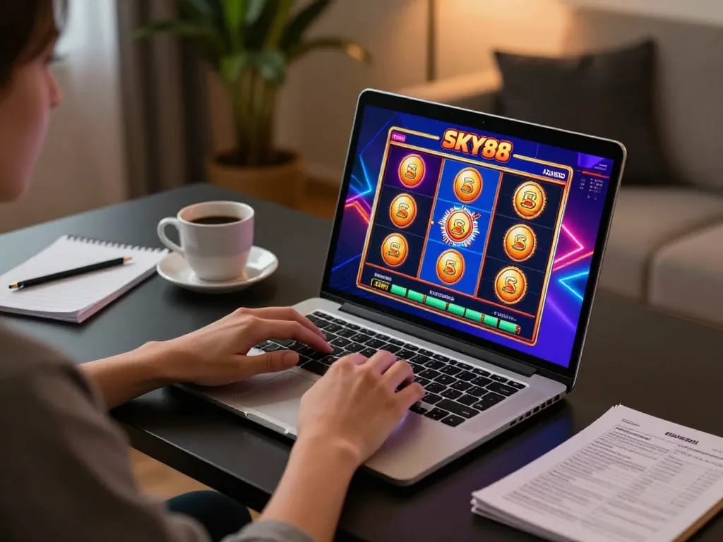 Engaging gameplay at SKY88 online casino with player focusing on vibrant slot games.