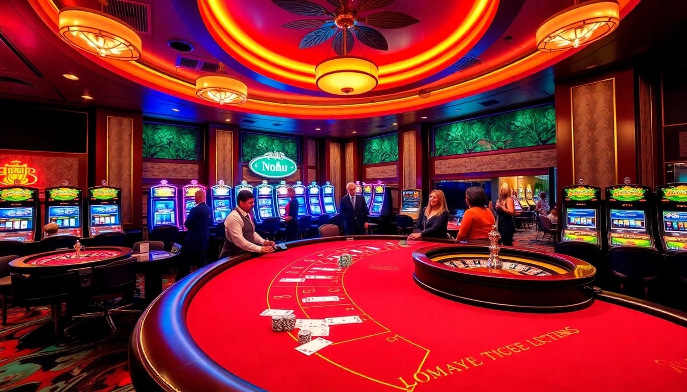 Nohu themed luxury casino gaming scene with vibrant tables and eager players.