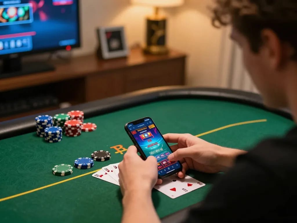 NK88 players engaging with mobile poker app in a cozy home gaming setup