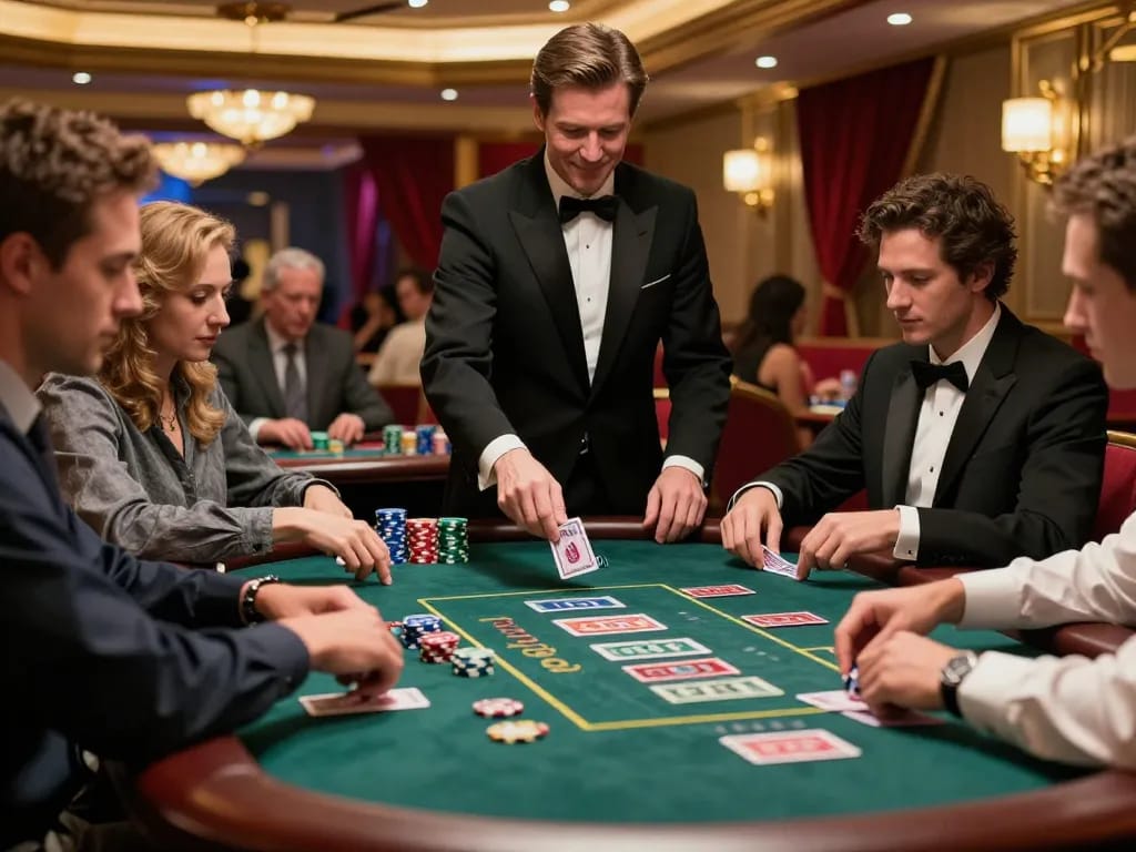 Players engaging in dynamic ve88 blackjack gameplay at a luxurious casino table with vibrant atmosphere