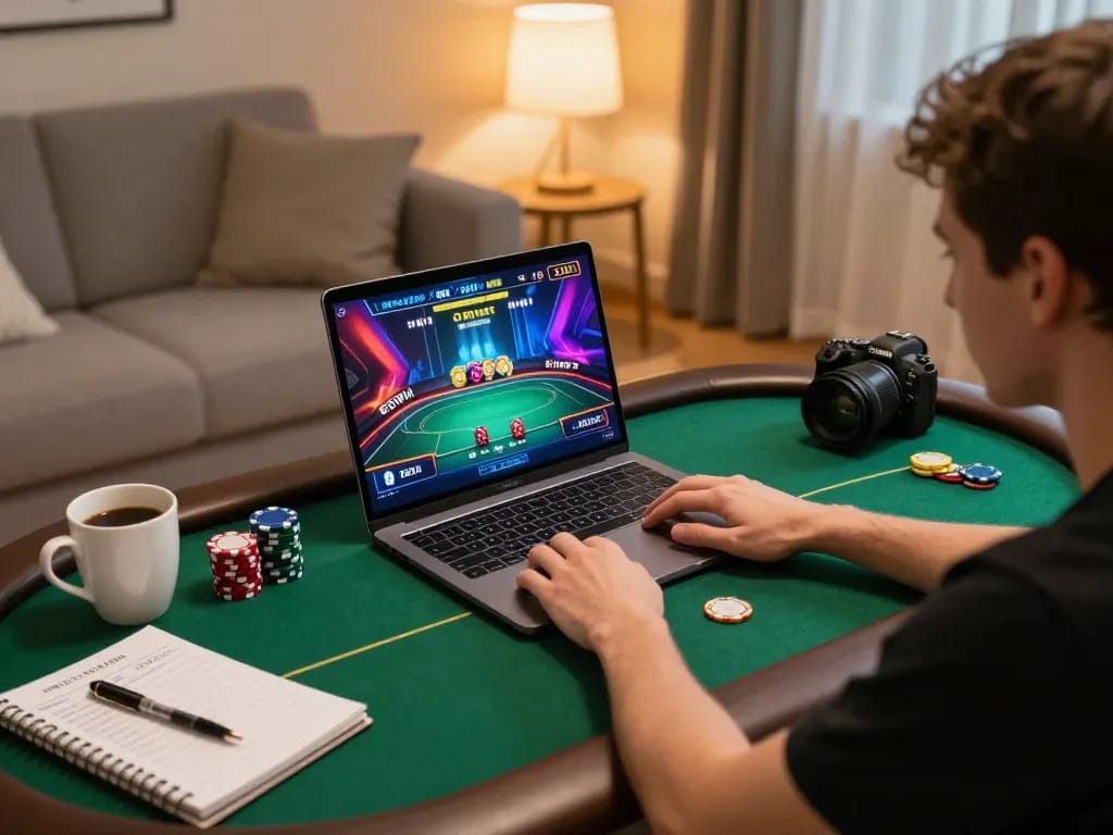Player engaged in a thrilling poker game online at 68win, showcasing a cozy gaming setup with strategic notes.