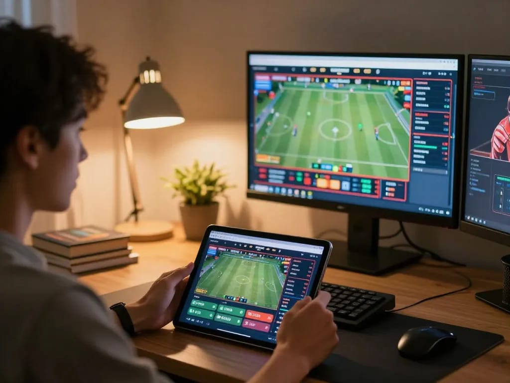 Engaging in sports betting on kp88 while analyzing live game odds on a tablet in a cozy home office.