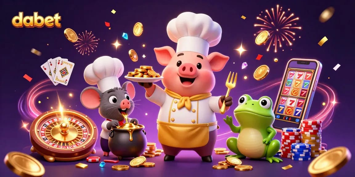 Dabet showcases a vibrant casino scene featuring a pig chef presenting gold coins, emphasizing excitement in online gambling.