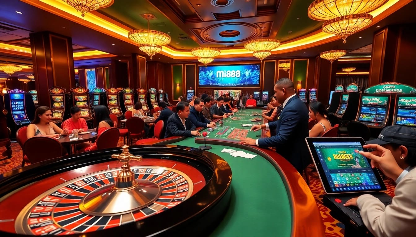 MI88 players enjoying a thrilling casino experience with vibrant tables and interactive dealers.