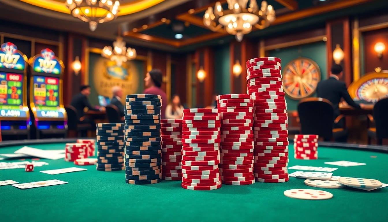 Twin68 offers a thrilling gambling experience with a luxurious poker table and vibrant chips.
