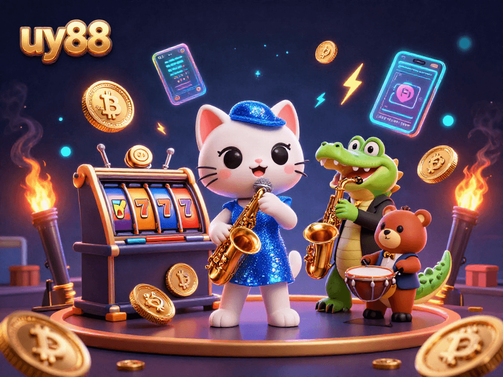 Engage in thrilling gaming action at uy88 with vibrant 3D casino characters and crypto elements.