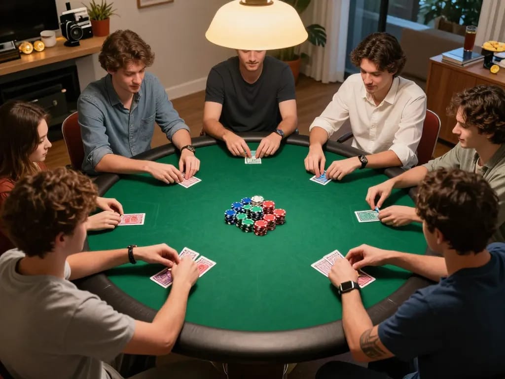 Players enjoy a friendly night of poker at home, showcasing engaging strategies with nk88.