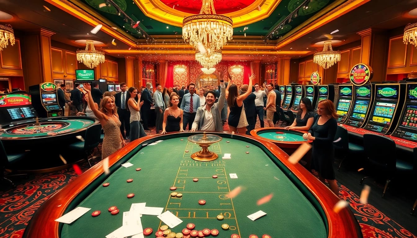 Celebrating the explosion of a prize-winning lottery in a luxurious casino environment filled with excitement.