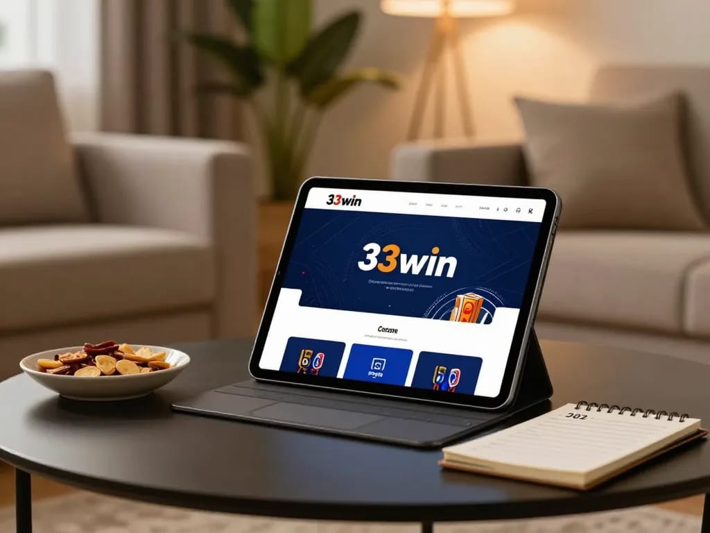 Player enjoying 33win gaming app on tablet in a cozy home setting