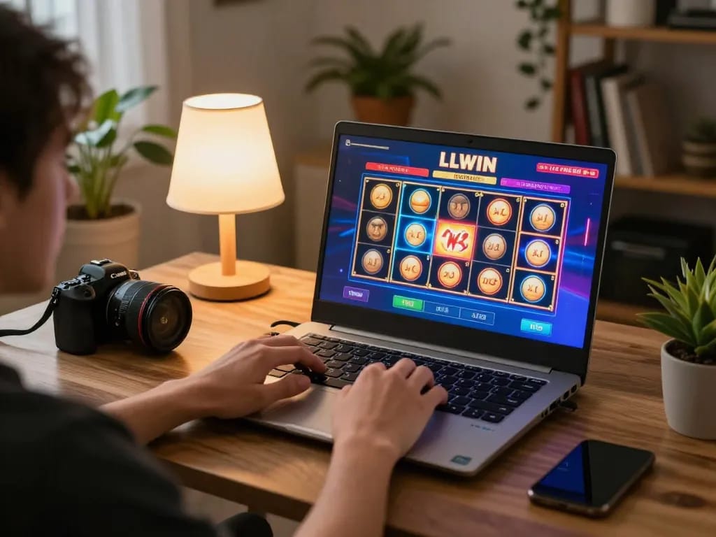 Person engaged in gaming on LLWIN platform with laptop displaying slots and cozy home environment
