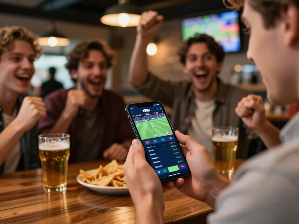 Engaged bettor using the 13Win app for live sports wagering in an exciting bar setting.