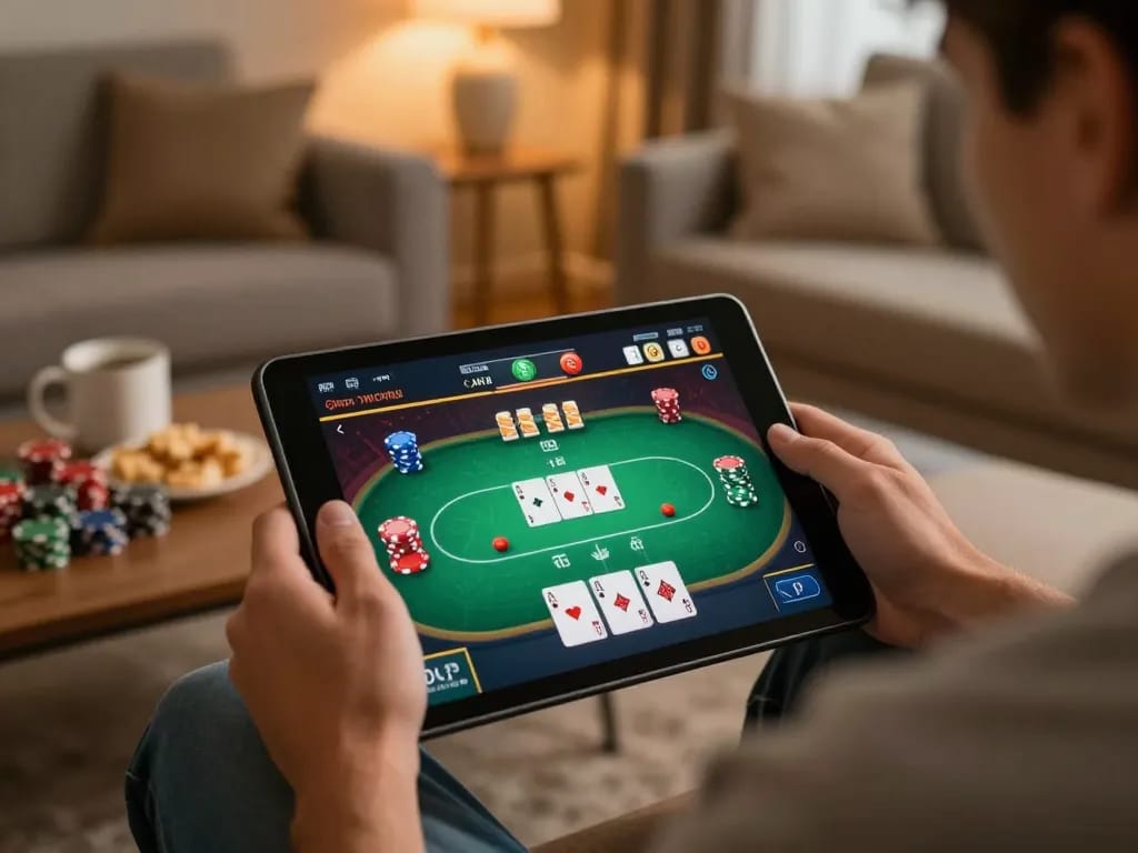 Engaged player at 98win using a tablet for online poker game strategy in a cozy setting.