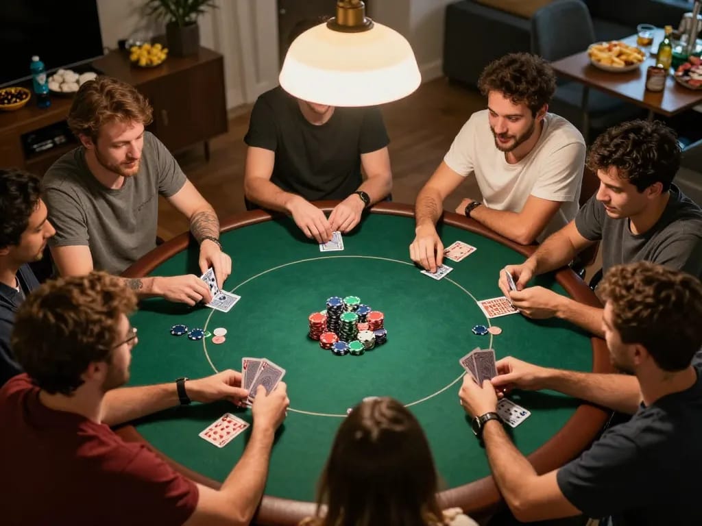Kèo nhà cái betting action during a lively home poker game night with friends.