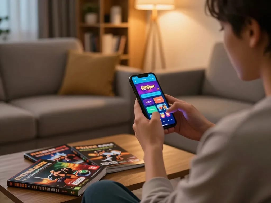Person enjoying a gaming session on the 999bet app, cozy home setting showcasing strategic preparation and engagement.