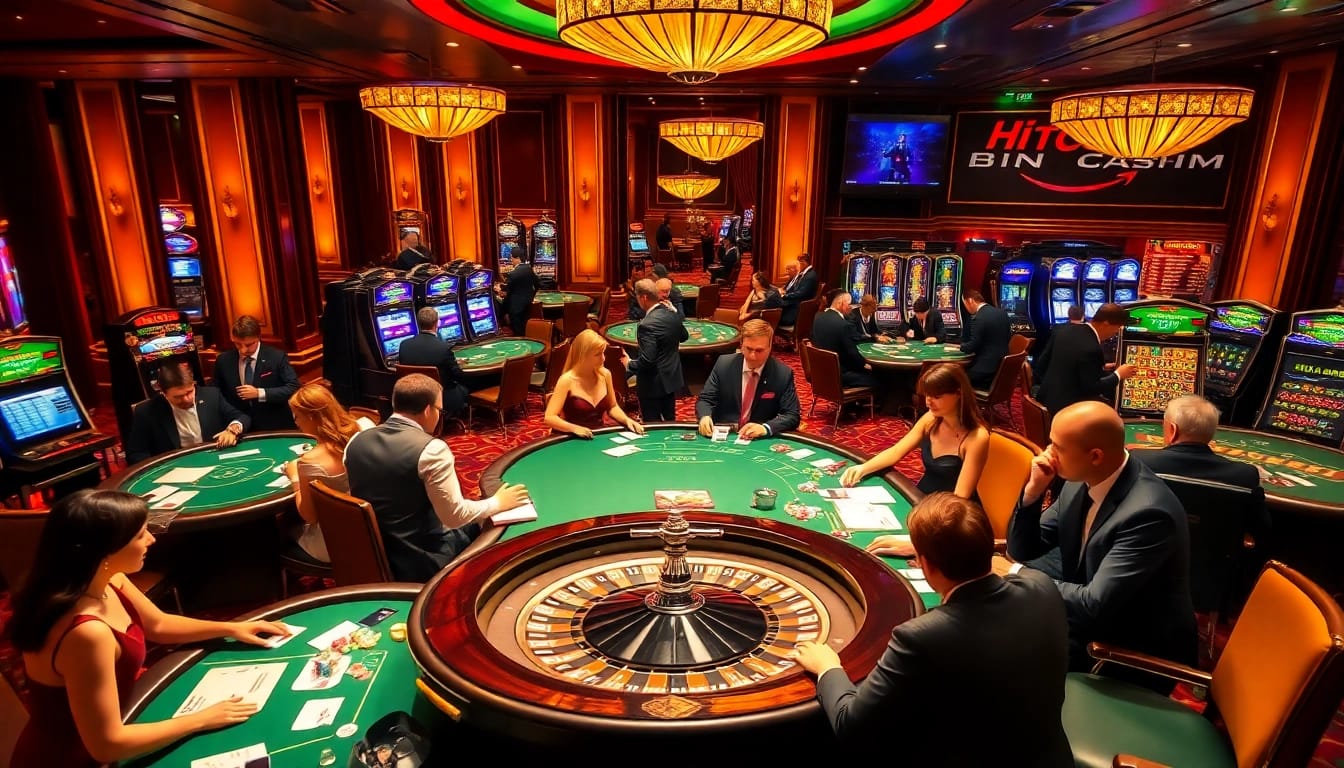 Gamblers enjoying high-stakes action at Hitclub bin casino, showcasing poker and roulette excitement.