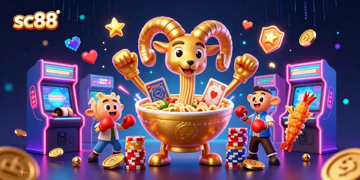 Engage with the lively sc88 casino environment featuring a unique golden ramen bowl and vibrant game elements.