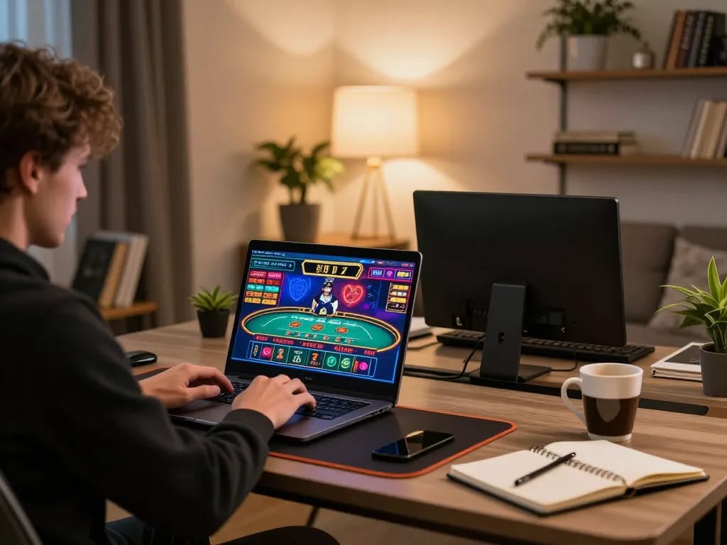 BCX88 player immersing in engaging online casino table game on laptop at home