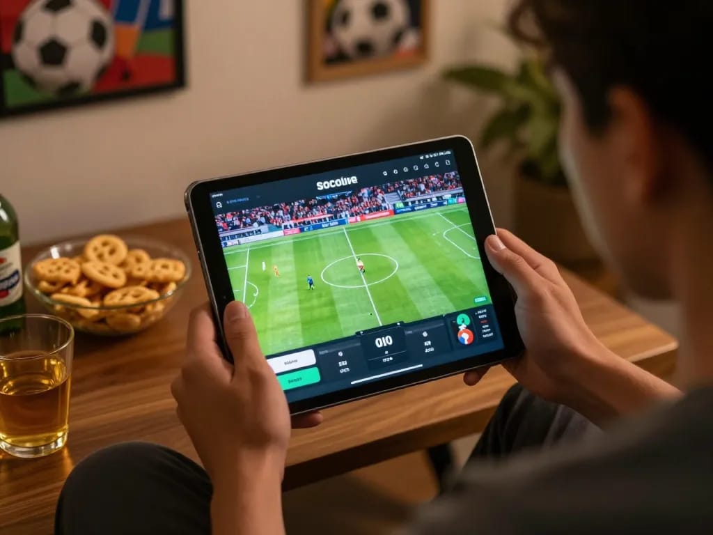 Engaging viewer experiencing live football streaming on Socolive app while enjoying snacks.