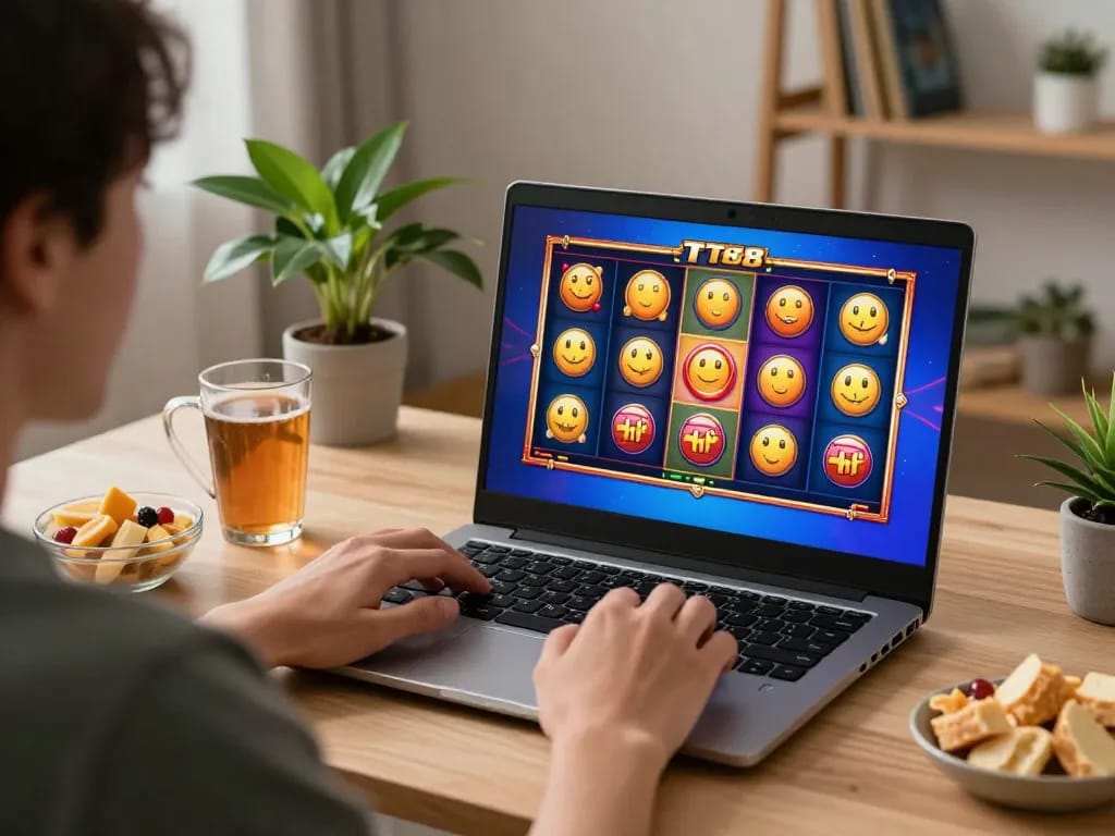 Engaging in TT88 nổ hũ gaming session at home with laptop and snacks