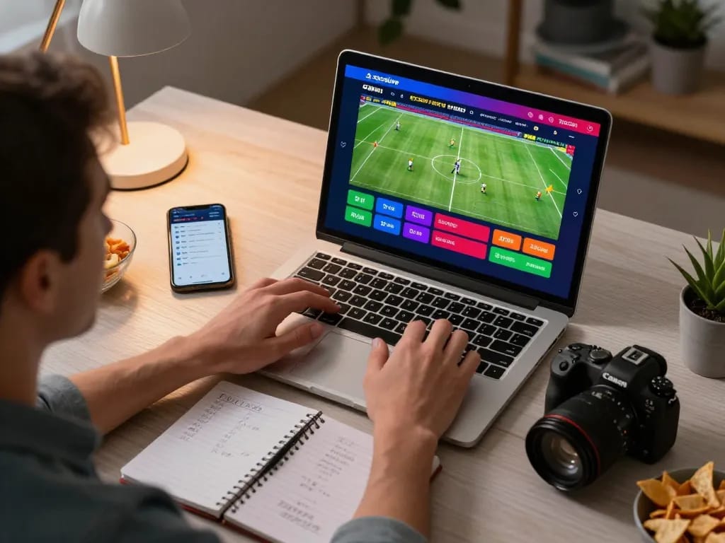 Socolive user engaged in sports betting at home, laptop displaying live matches and betting details.