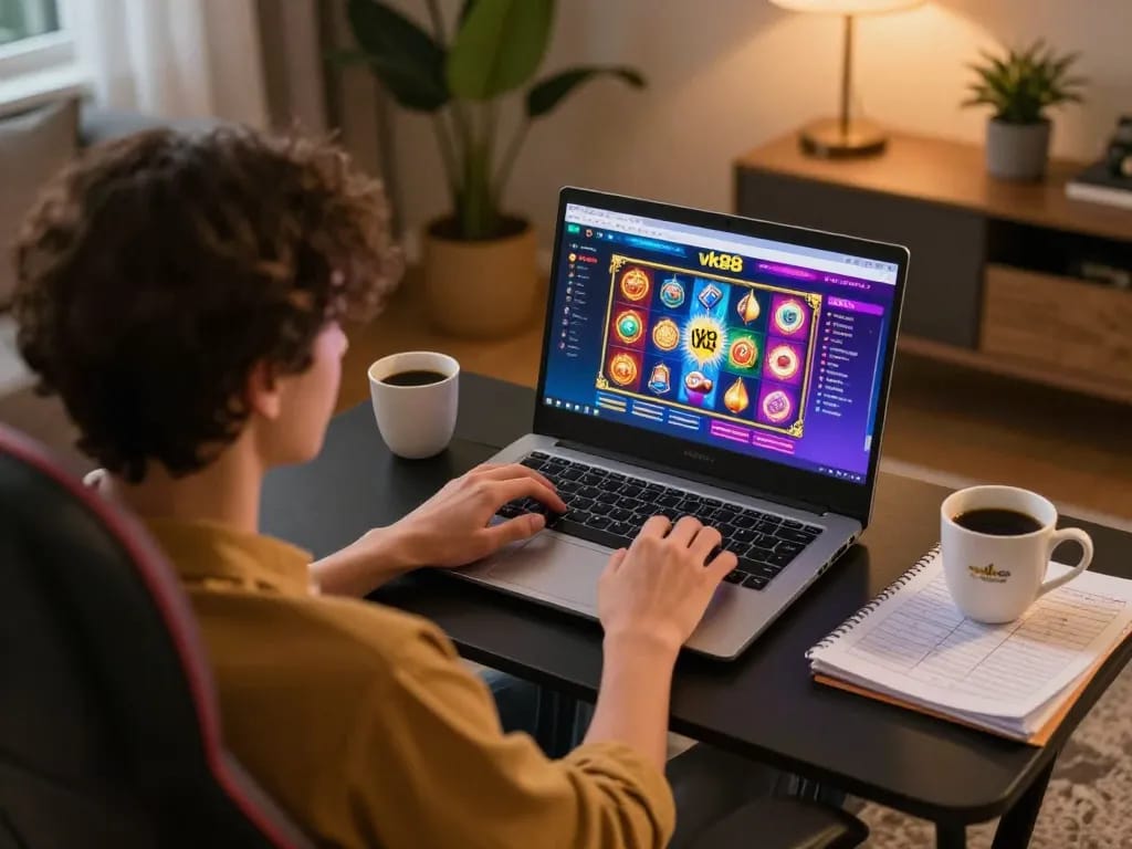 Engaging scene with a player immersed in vk88 online casino action on a laptop.