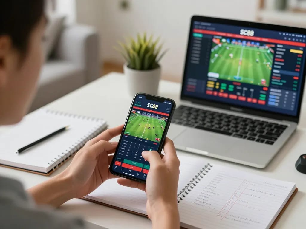 Engaging scene of a player utilizing SC88 betting app on smartphone with strategic notes.