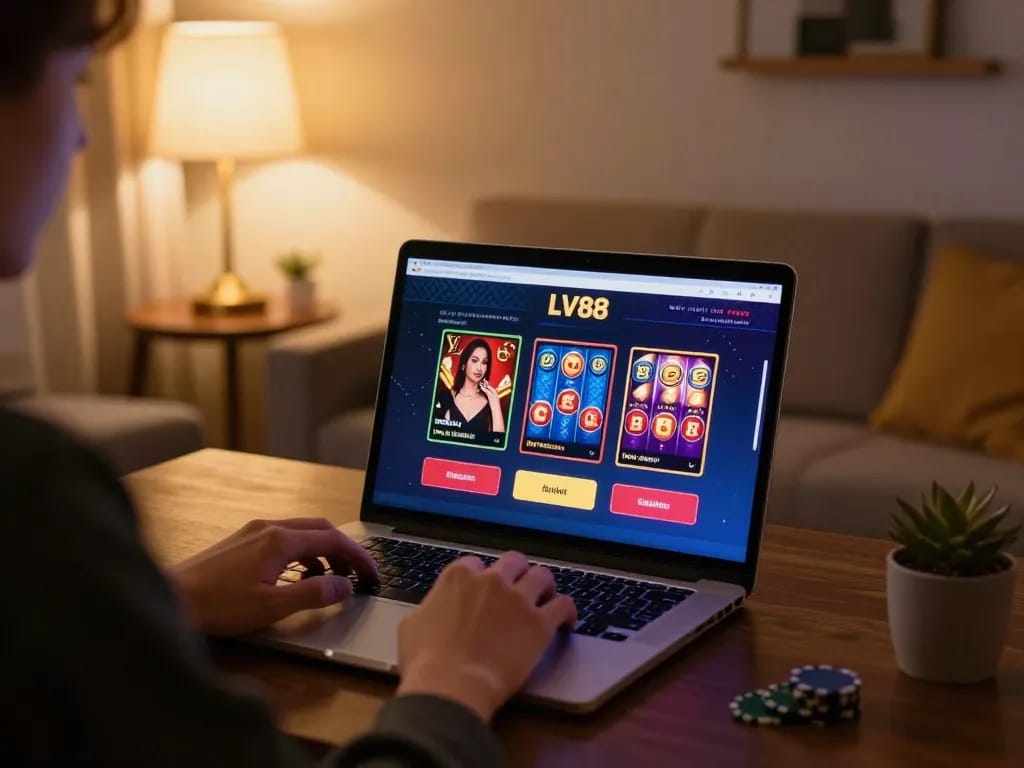 Engaging with LV88 online casino on a laptop, displaying poker and slots for responsible gaming