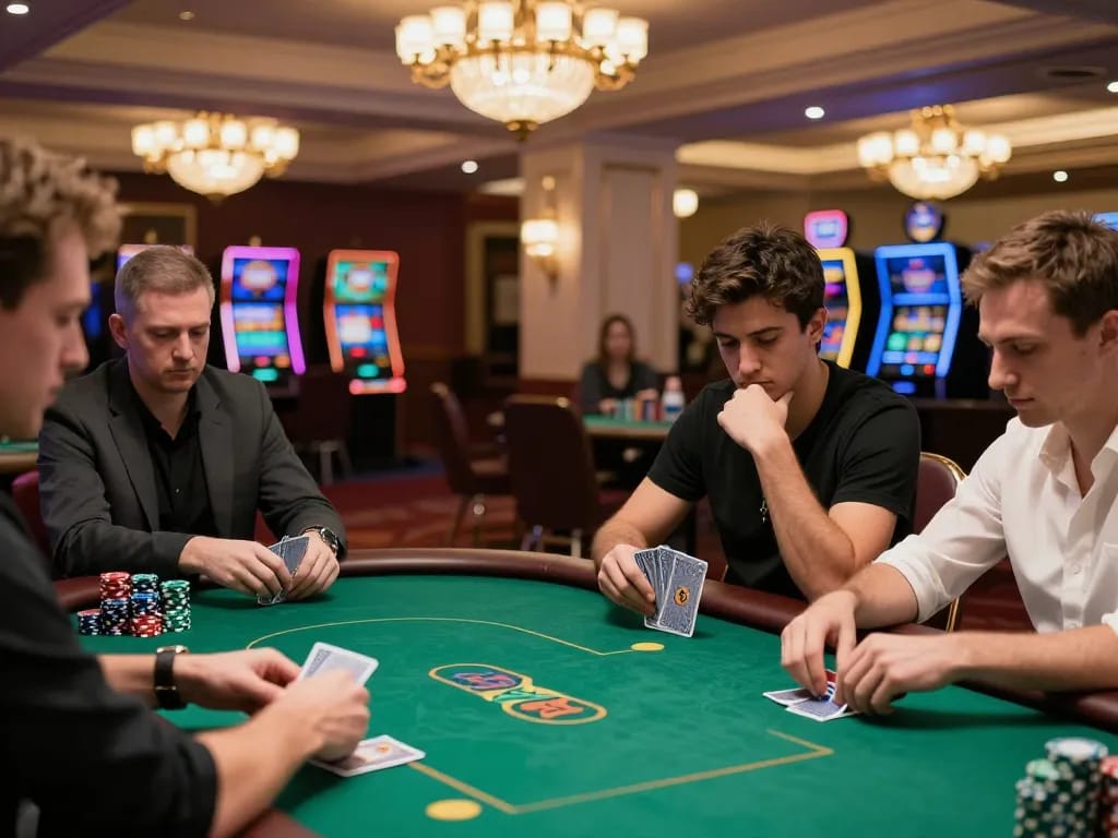 Players enjoying a high-stakes game at the hit club poker table in a luxurious casino setting.