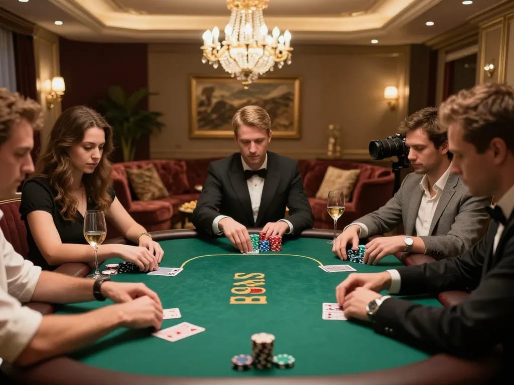 Go99 players strategizing during an upscale poker game with intense focus and luxury surroundings.
