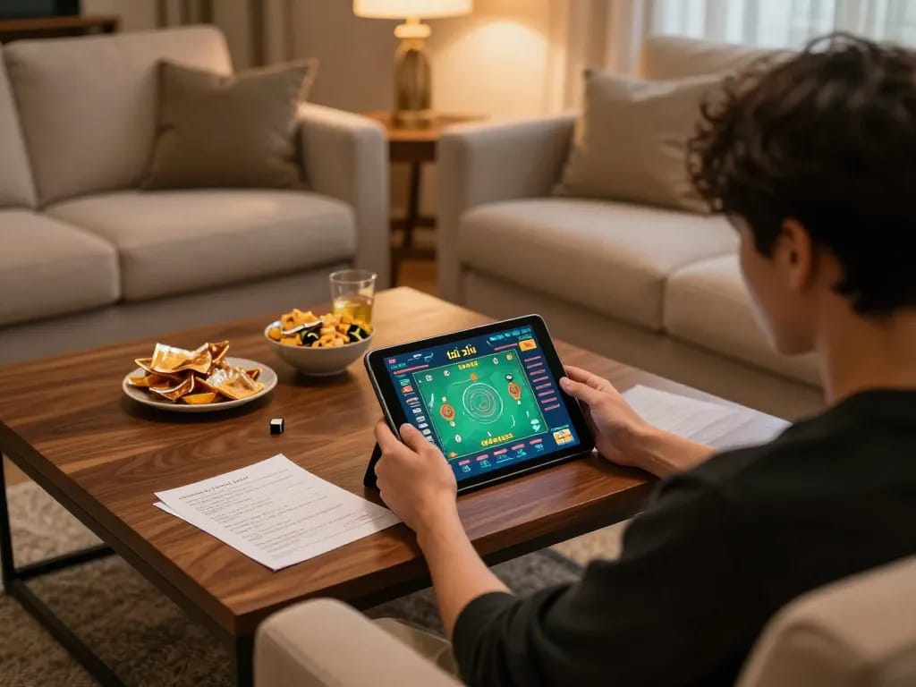 Engaging in game tài xỉu on a tablet in a cozy home setting while strategizing betting plans