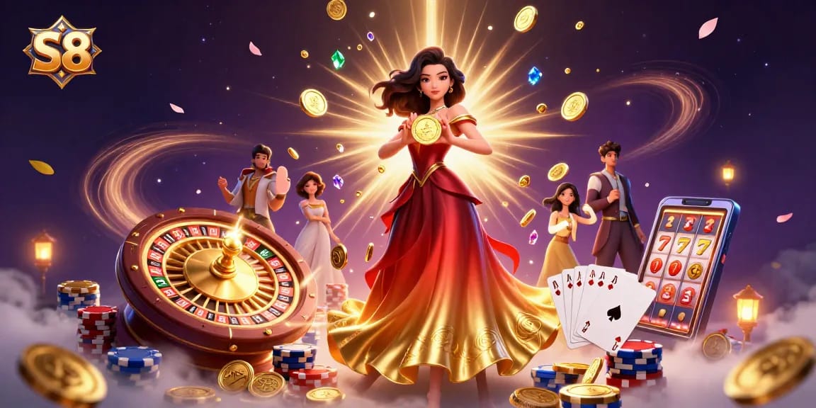 S8 presents a glamorous Asian woman in a red-gold gown holding a golden coin amidst vibrant casino elements