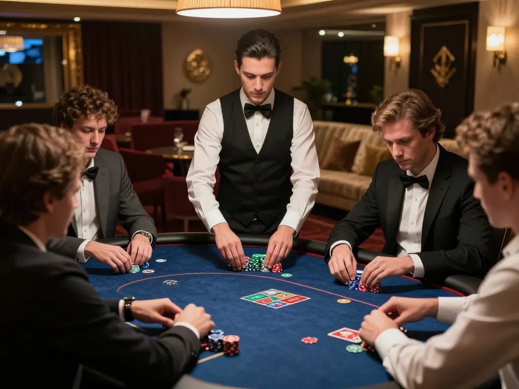Players strategize their bets at an elegant poker table in a luxury VIP area, showcasing the energy of NK88 gaming.