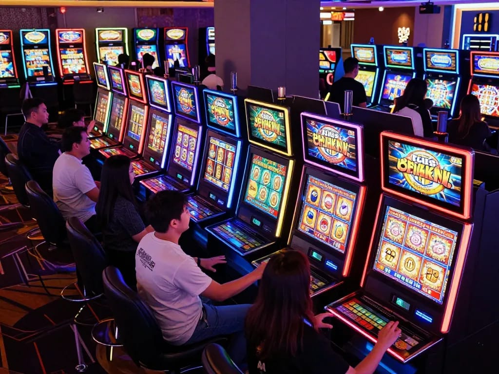 Engaged players enjoying the excitement of nổ hũ slot machines in a vibrant casino atmosphere