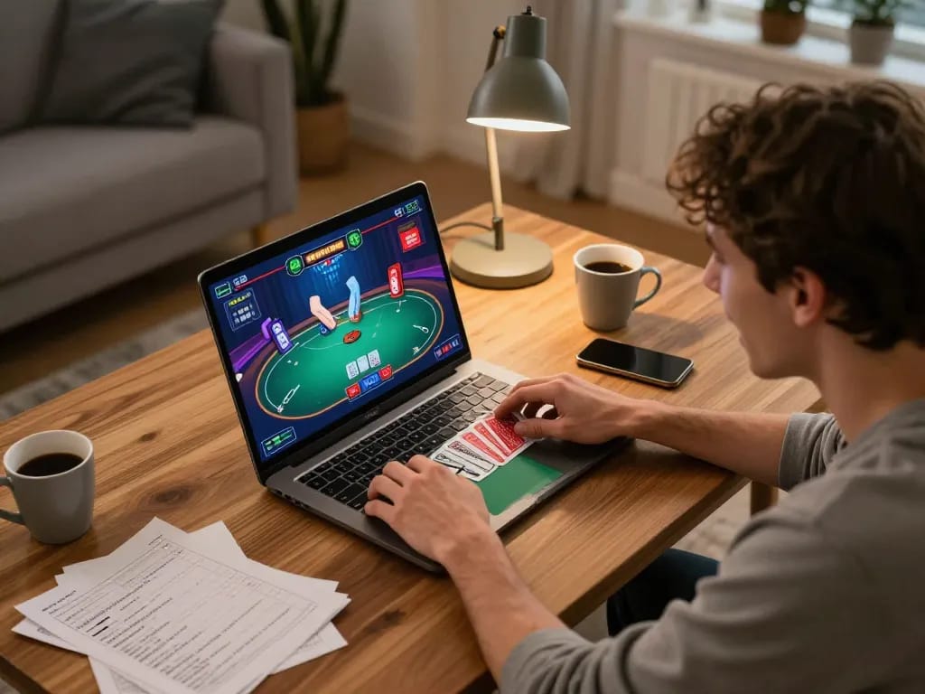 Engaged player on fly8800 laptop during an exciting online poker game, showcasing strategy and concentration.