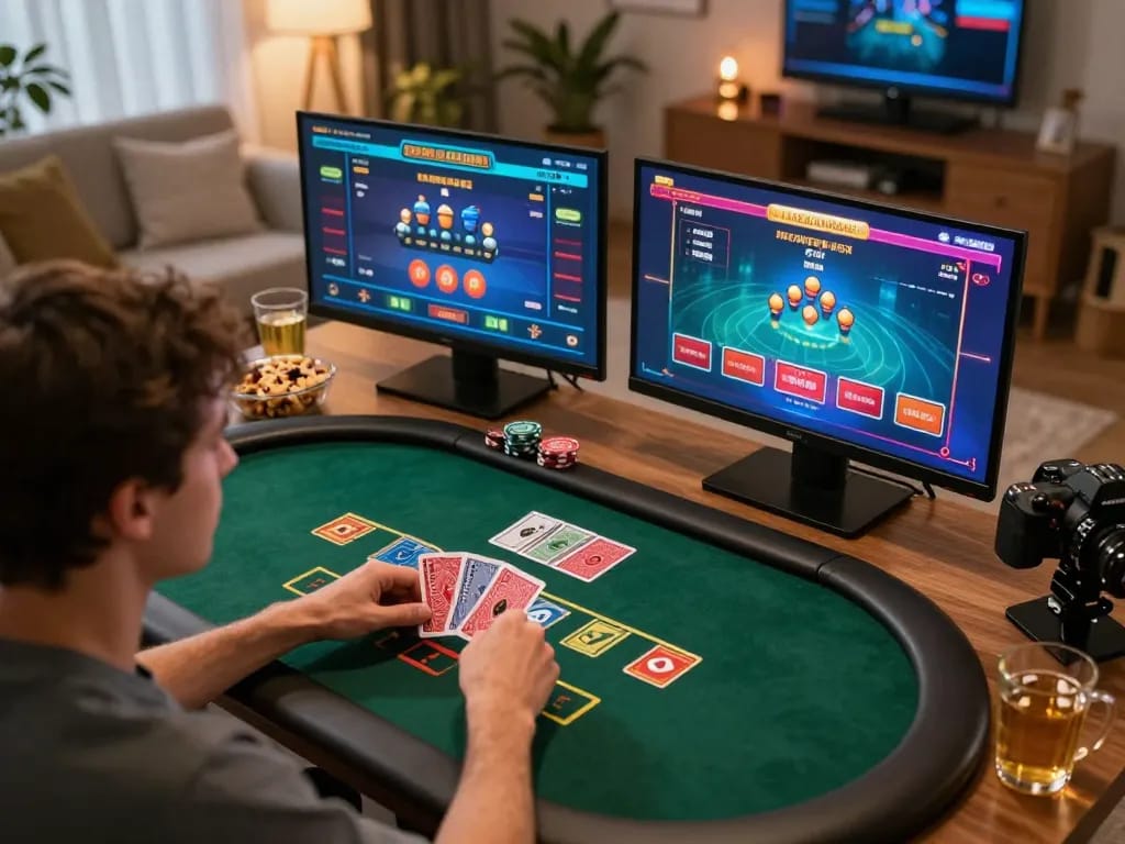 Engaging player strategizing poker game via laptop, vb88 gaming setup visible.