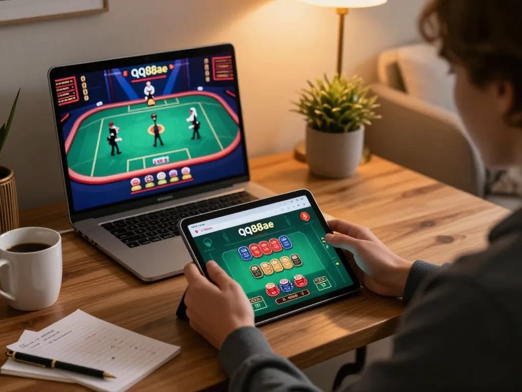 Engaging in live dealer games on the qq88ae app from a stylish home office.