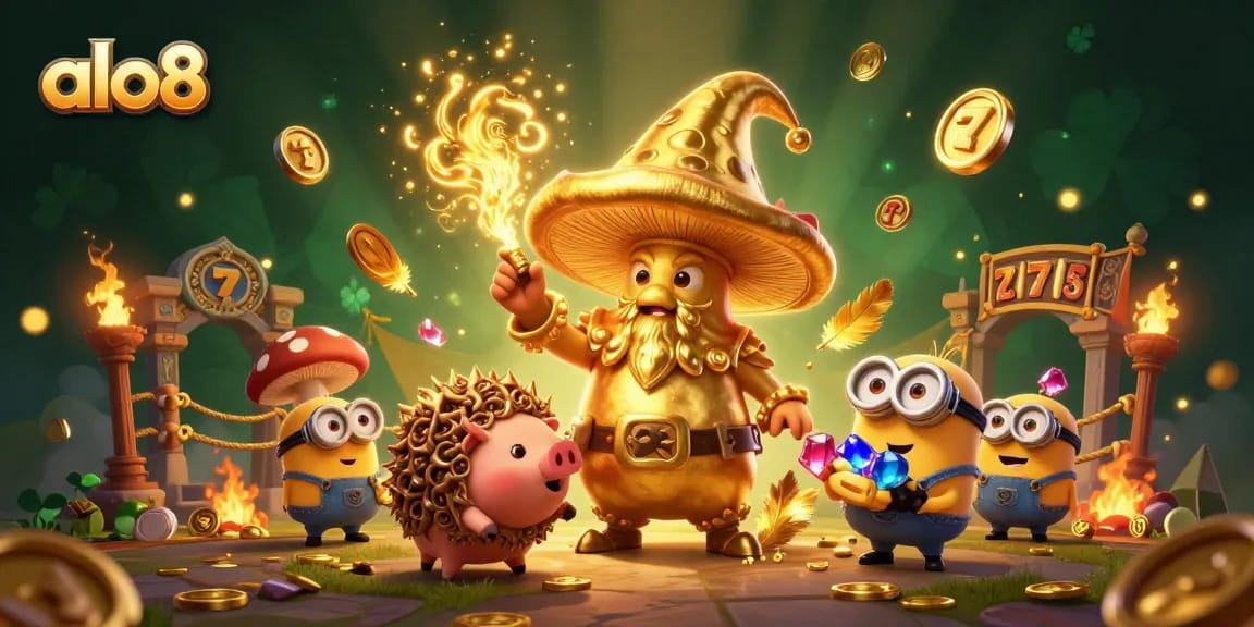 Experience the winning magic of alo8 with a golden mushroom wizard and treasure-filled adventure in this captivating casino illustration.