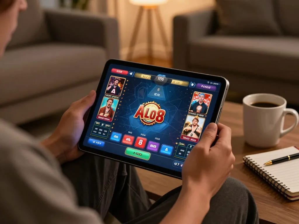 Play ALO8 on a tablet in a cozy setting with strategic notes and warm lighting
