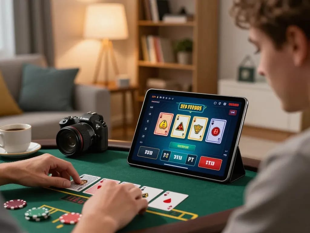 MM88 player enjoying blackjack on tablet at home, showcasing engaged gaming experience.
