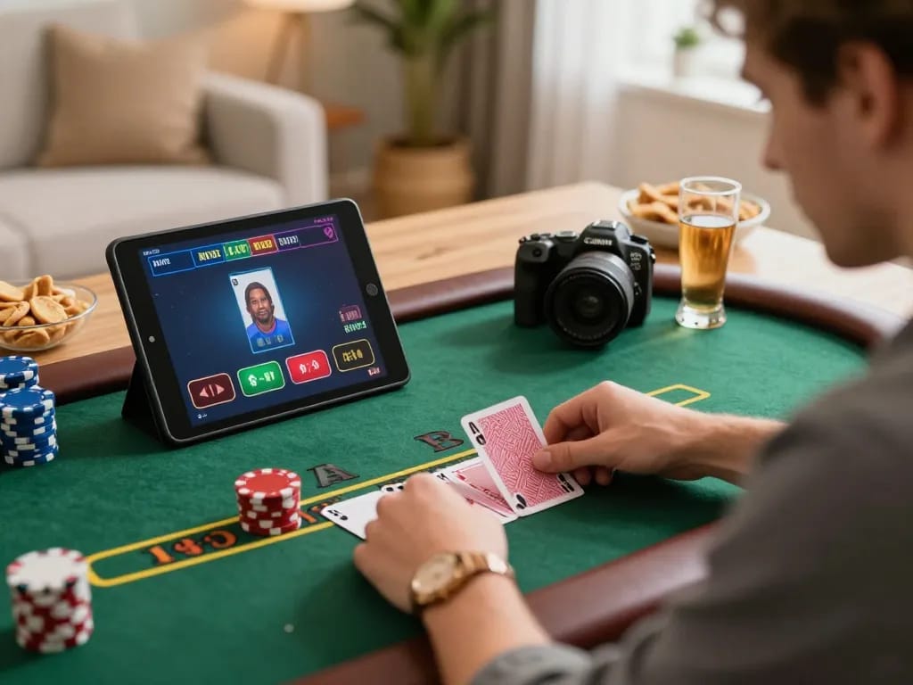 Player enjoying blackjack on a tablet at home, showcasing MB66 live dealer experience in a cozy setting.