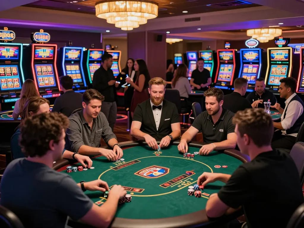 Engaging players at the bustling 58win casino showing excitement at roulette and slot machines.