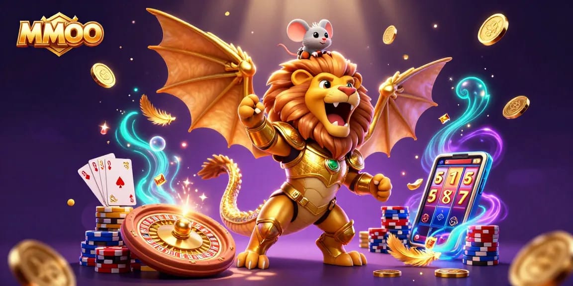 MMOO showcases a vibrant 3D illustration with dynamic casino characters and golden coins flying across a captivating scene.