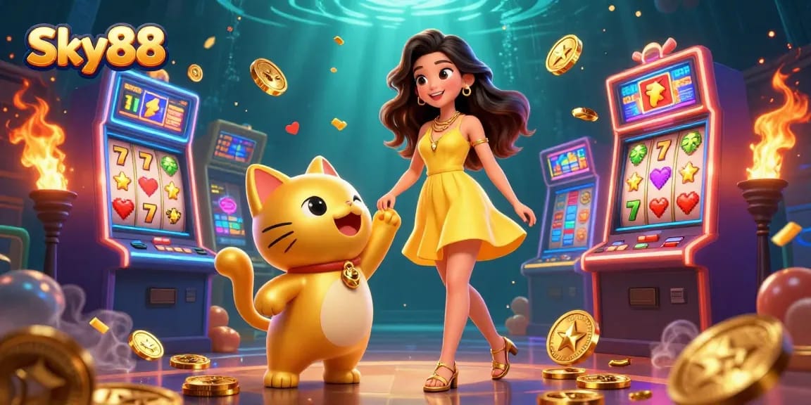 Experience the vibrant world of Sky88 with a joyful woman and a lucky cat amidst casino elements.