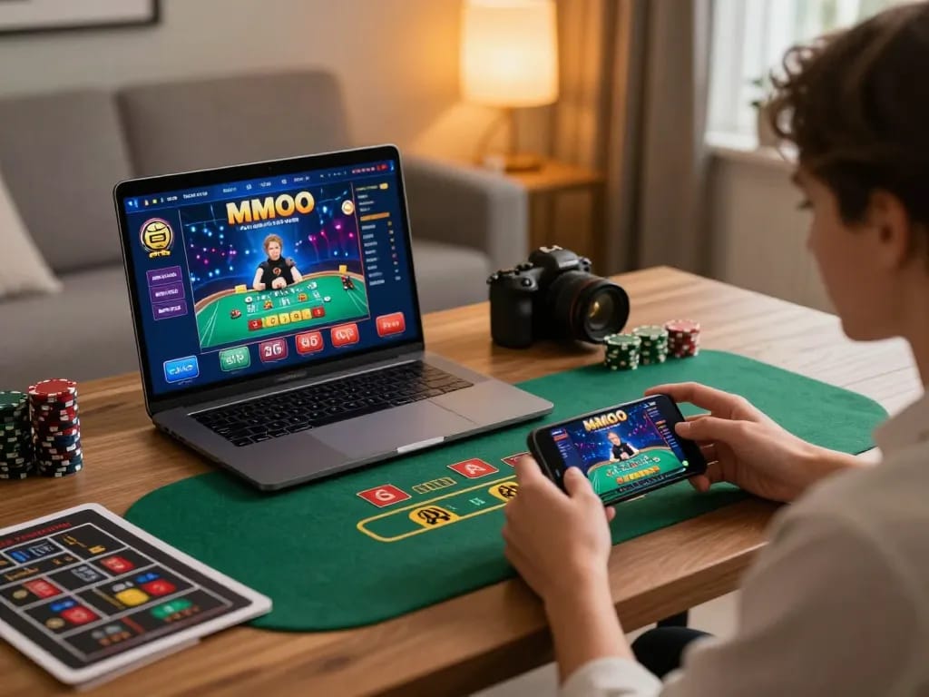 Engaging in an online blackjack game at MMOO casino from a home workspace.